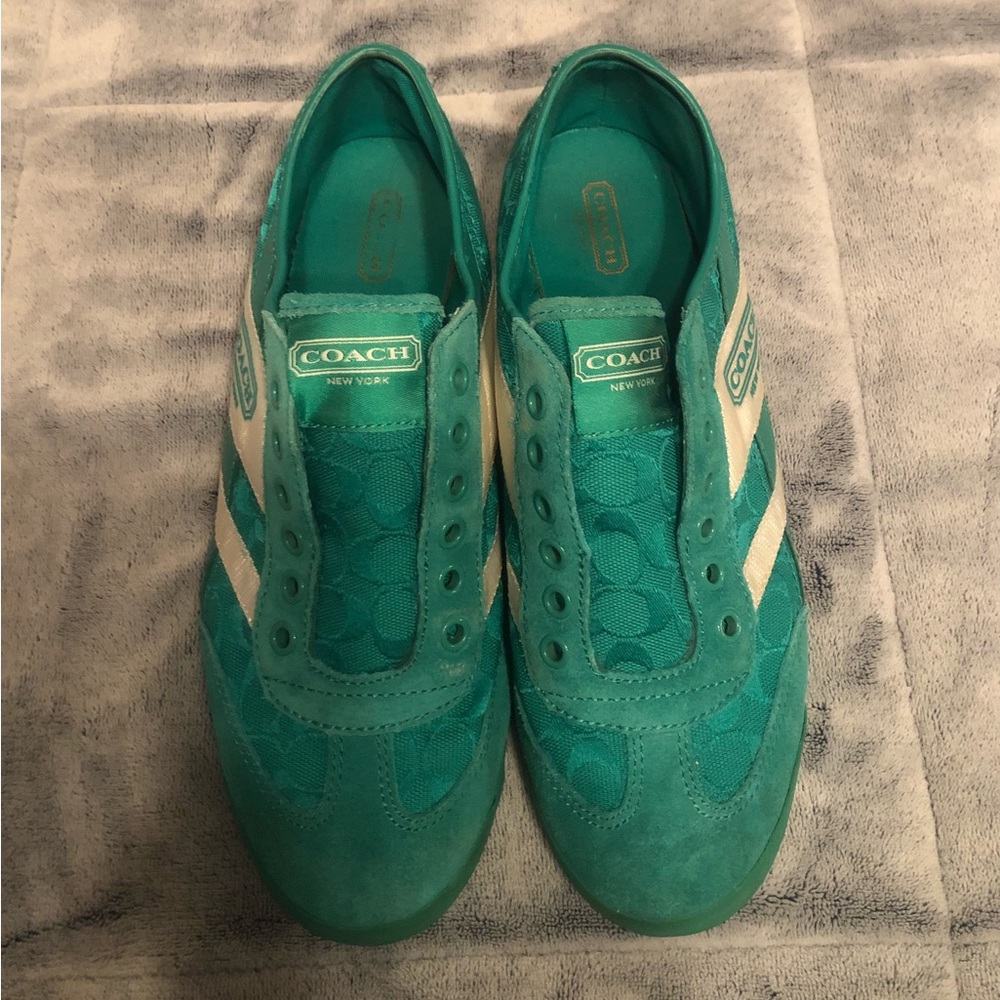 Coach Emerald Green Logo Canvas and Suede Sneakers